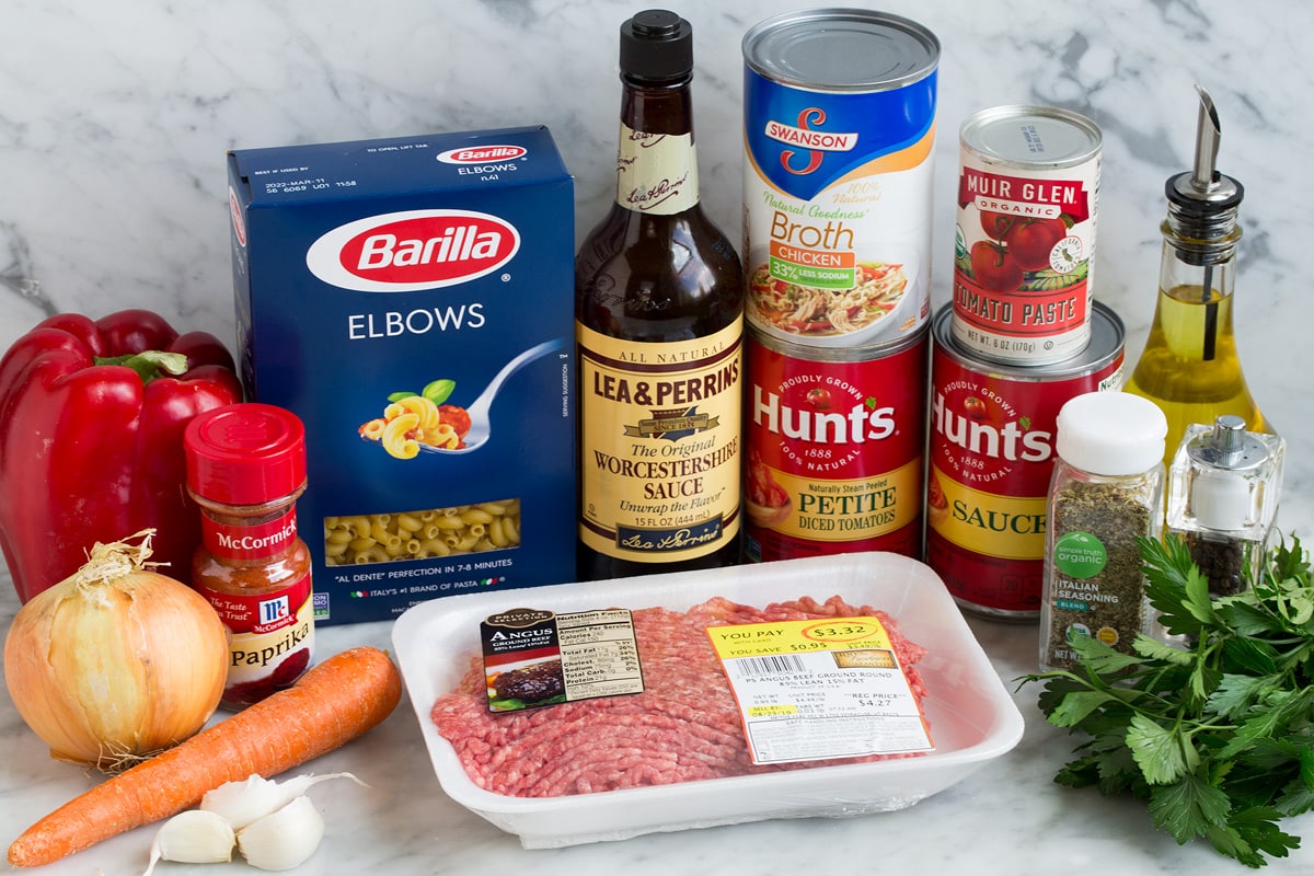 Image of ingredients used in American beef goulash.