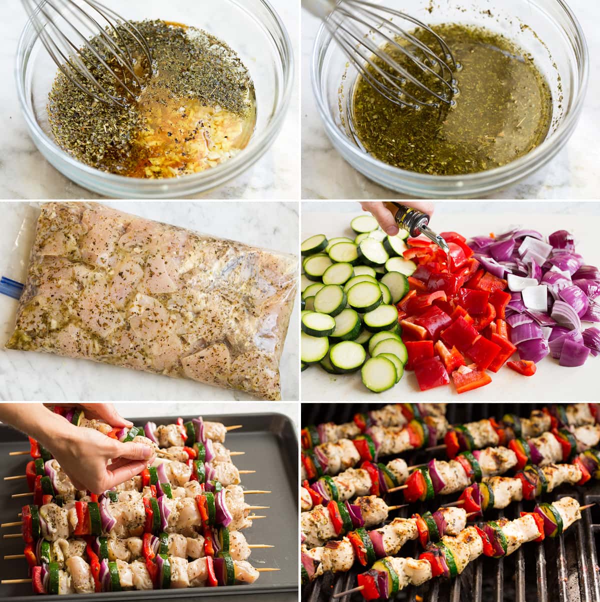 Collage of 6 images showing steps of making marinade, greek chicken soaking, drizzling vegetables with oil, threading ingredients onto skewers and grilling kebabs.