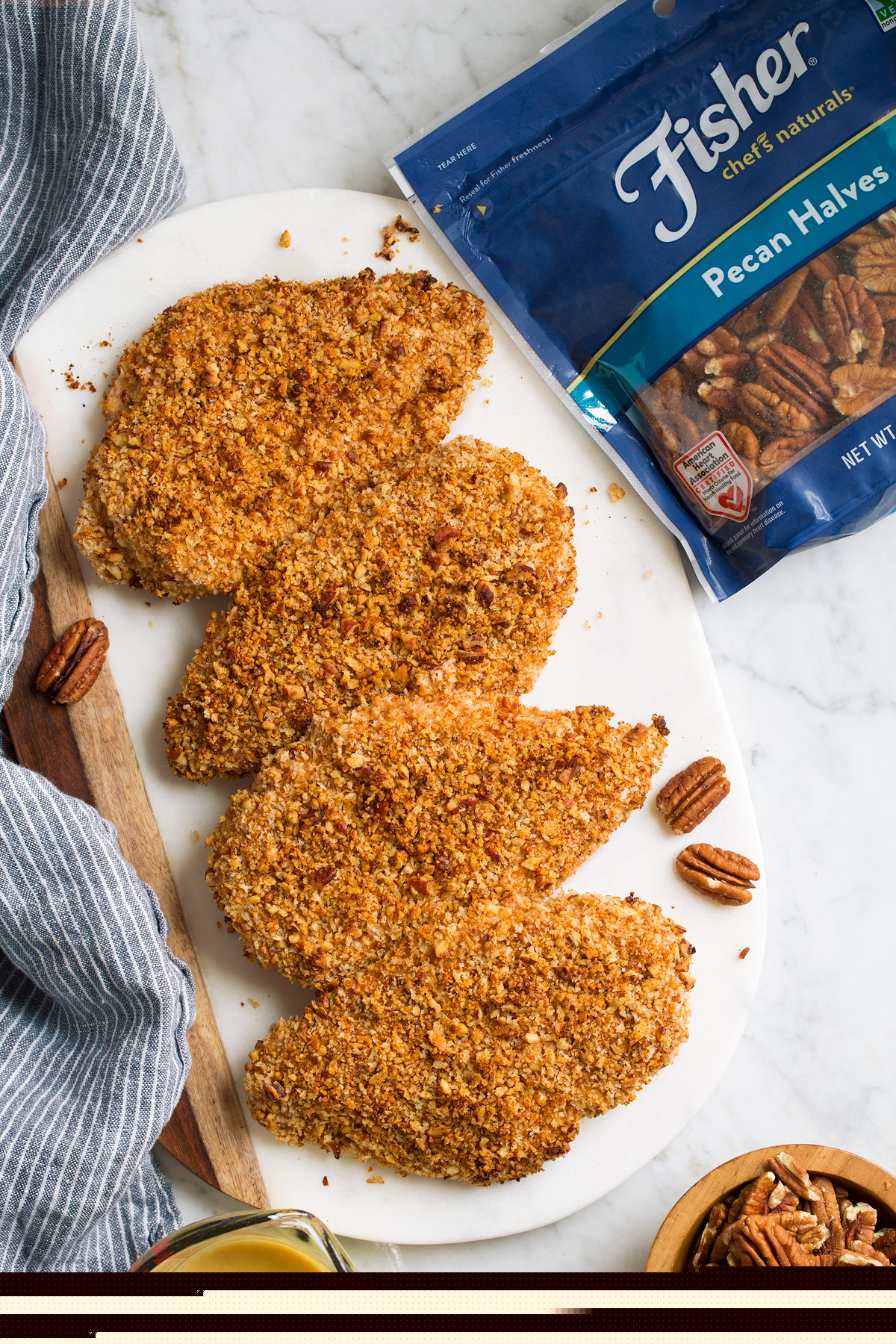 Honey Mustard Pecan Crusted Chicken on a white serving platter.