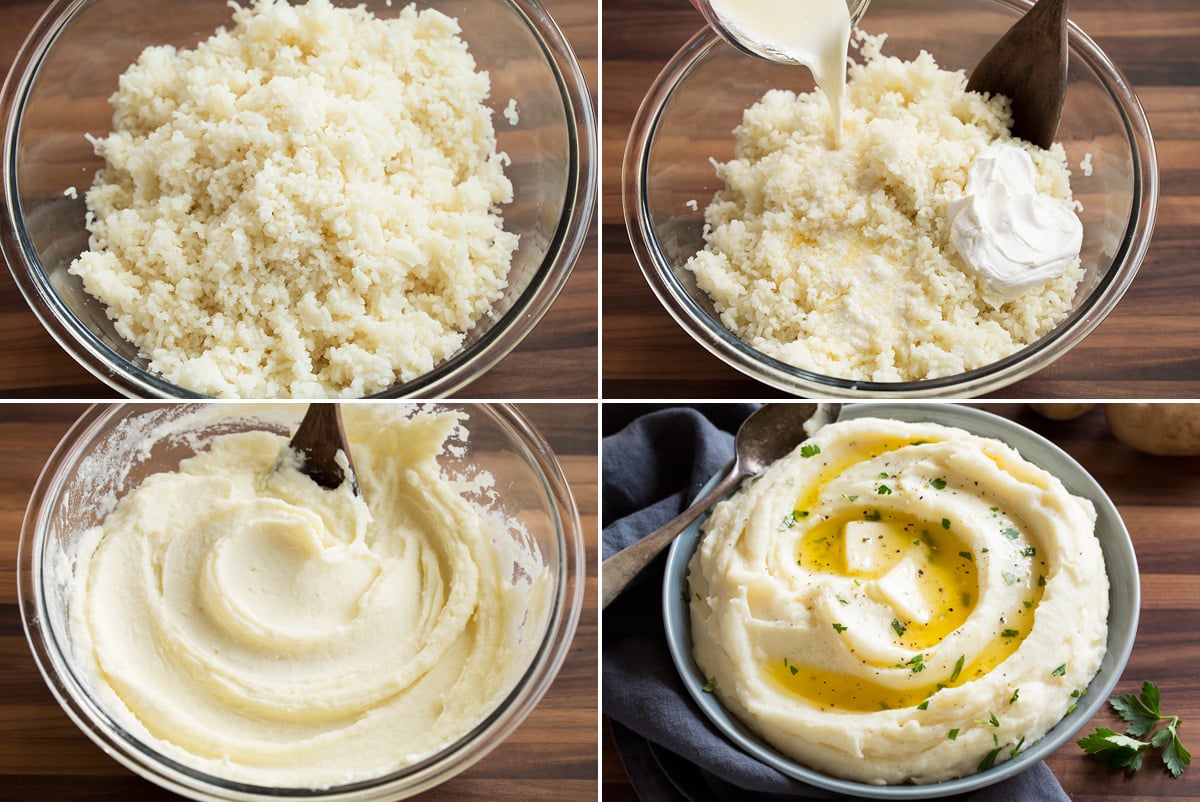 Image showing remaining four steps of making mashed potatoes. Includes potatoes shown after passing through food mill, adding liquid ingredients, blending and topping with butter.