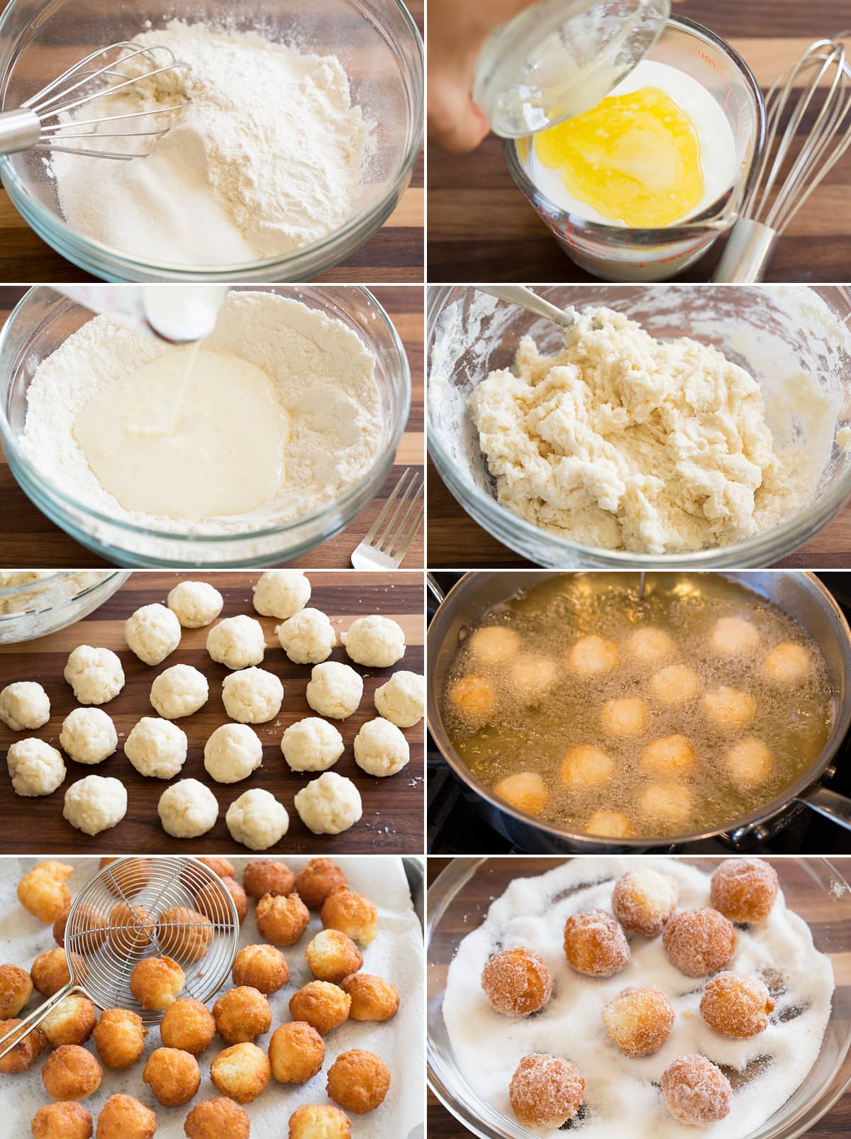 Image showing steps to making easy homemade donuts dough and frying donuts. 