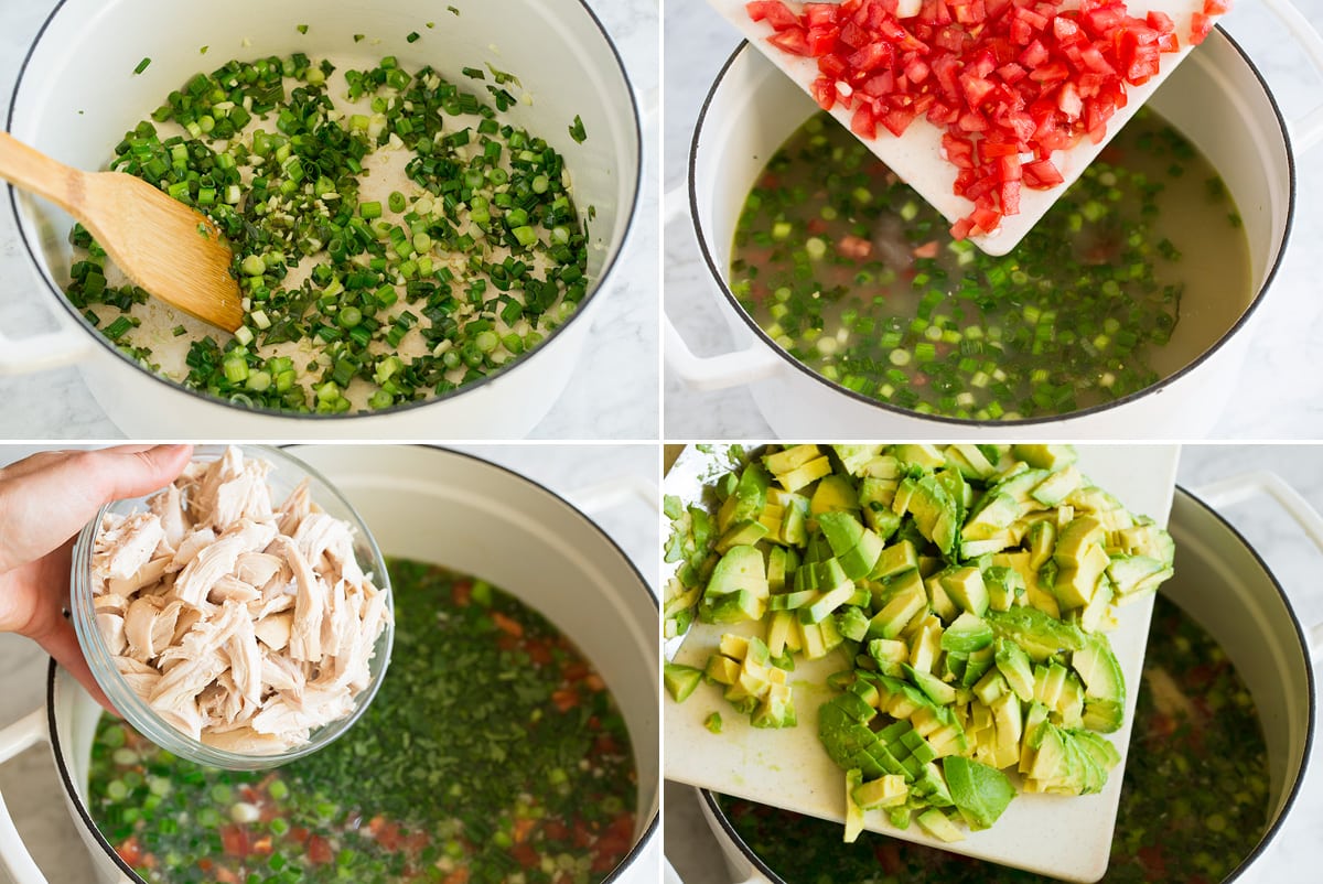 Collage image of 4 steps showing how to make homemade chicken soup with avocado.