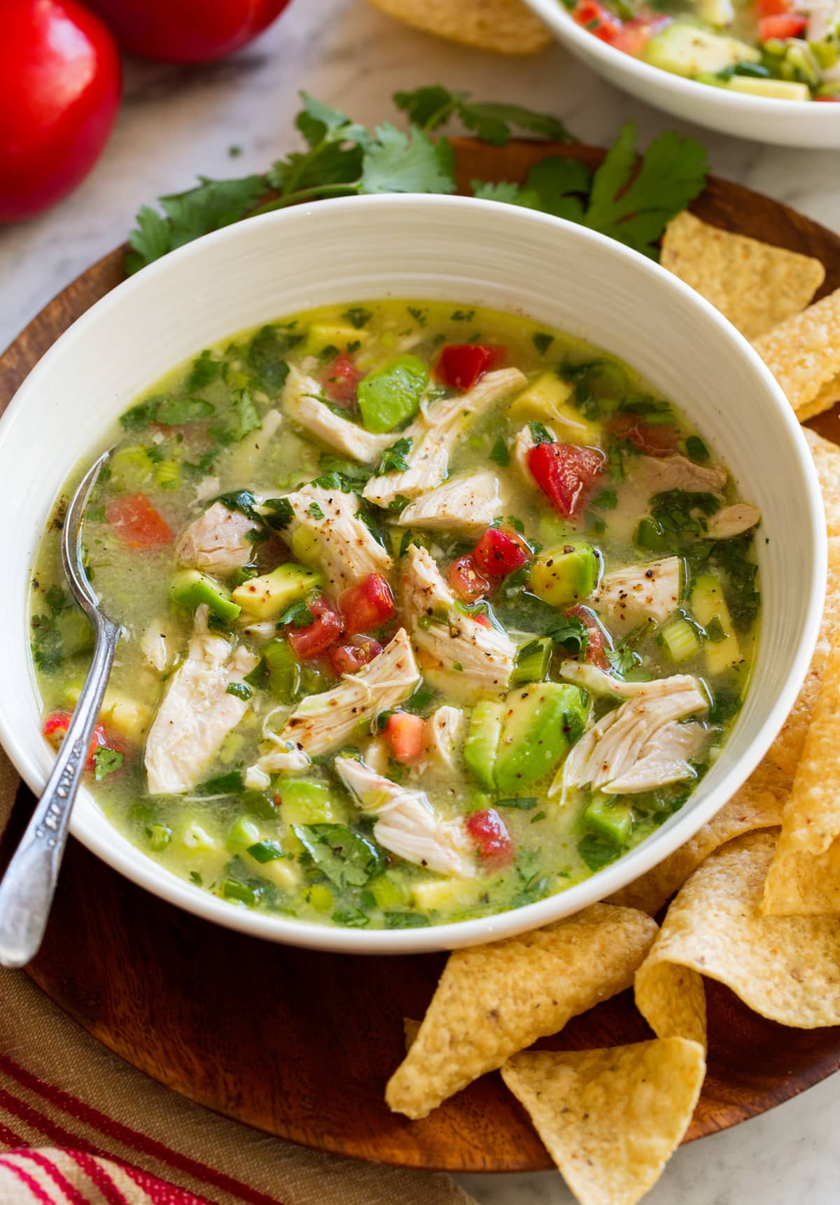 Single serving of chicken avocado soup in a bowl shown from the side.
