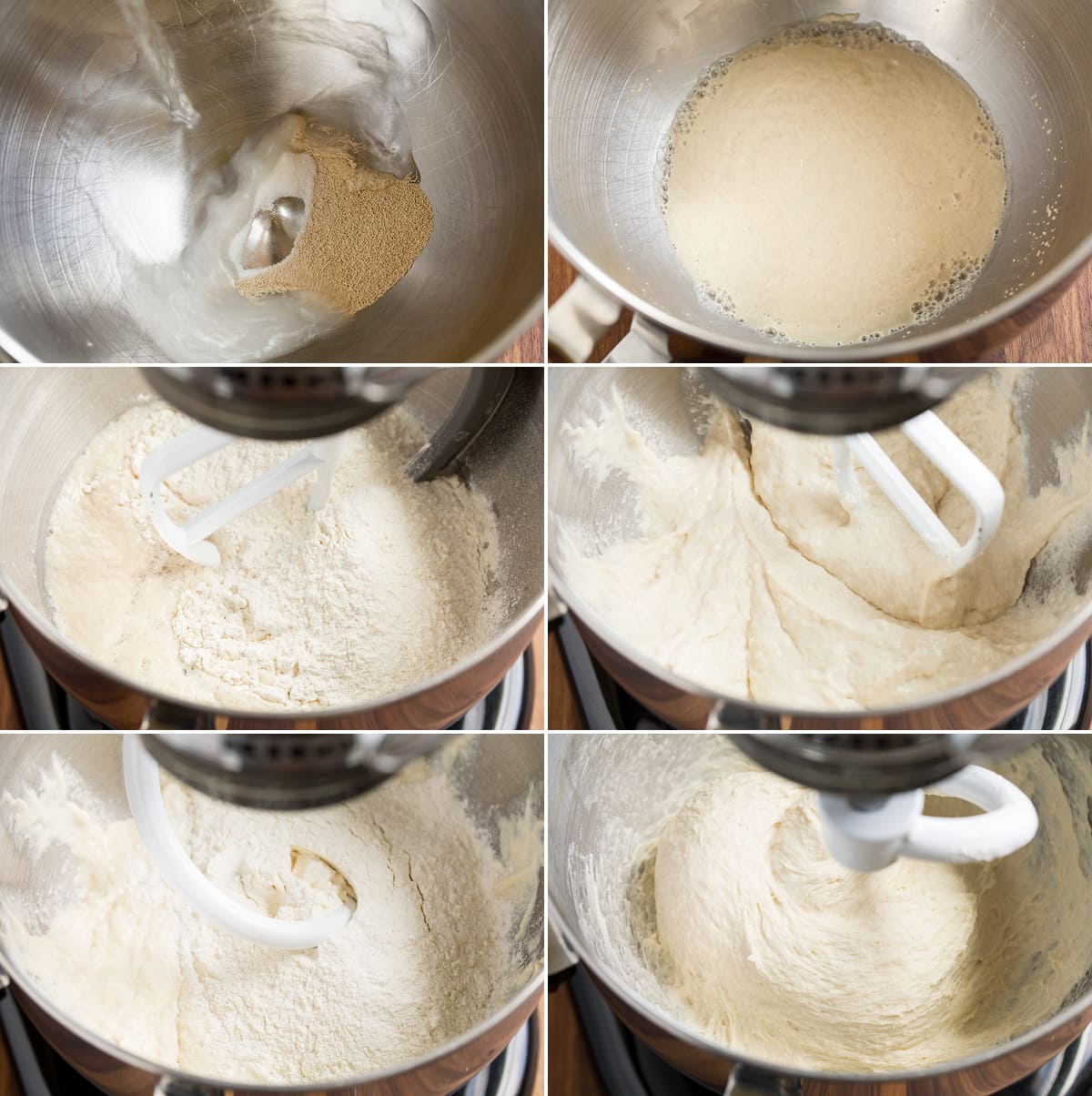 Collage image of 6 steps to making pizza dough in a stand mixer.