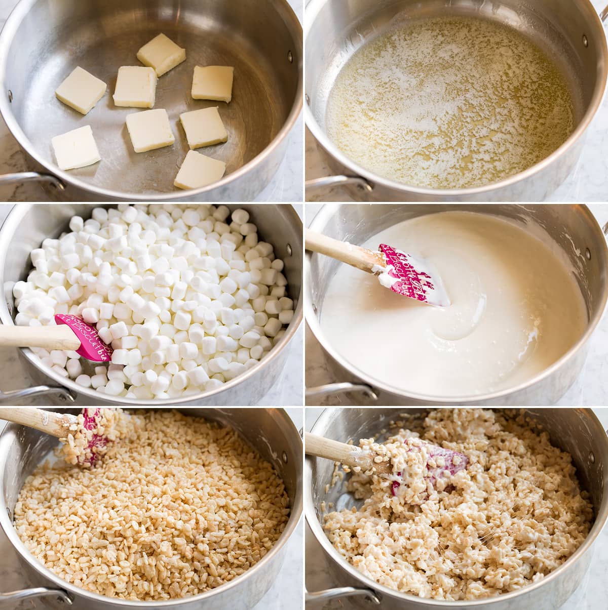 Collage image of 6 steps to make rice krispies treats in a pot. Includes melting butter, melting marshmallows and stirring in rice krispies cereal.