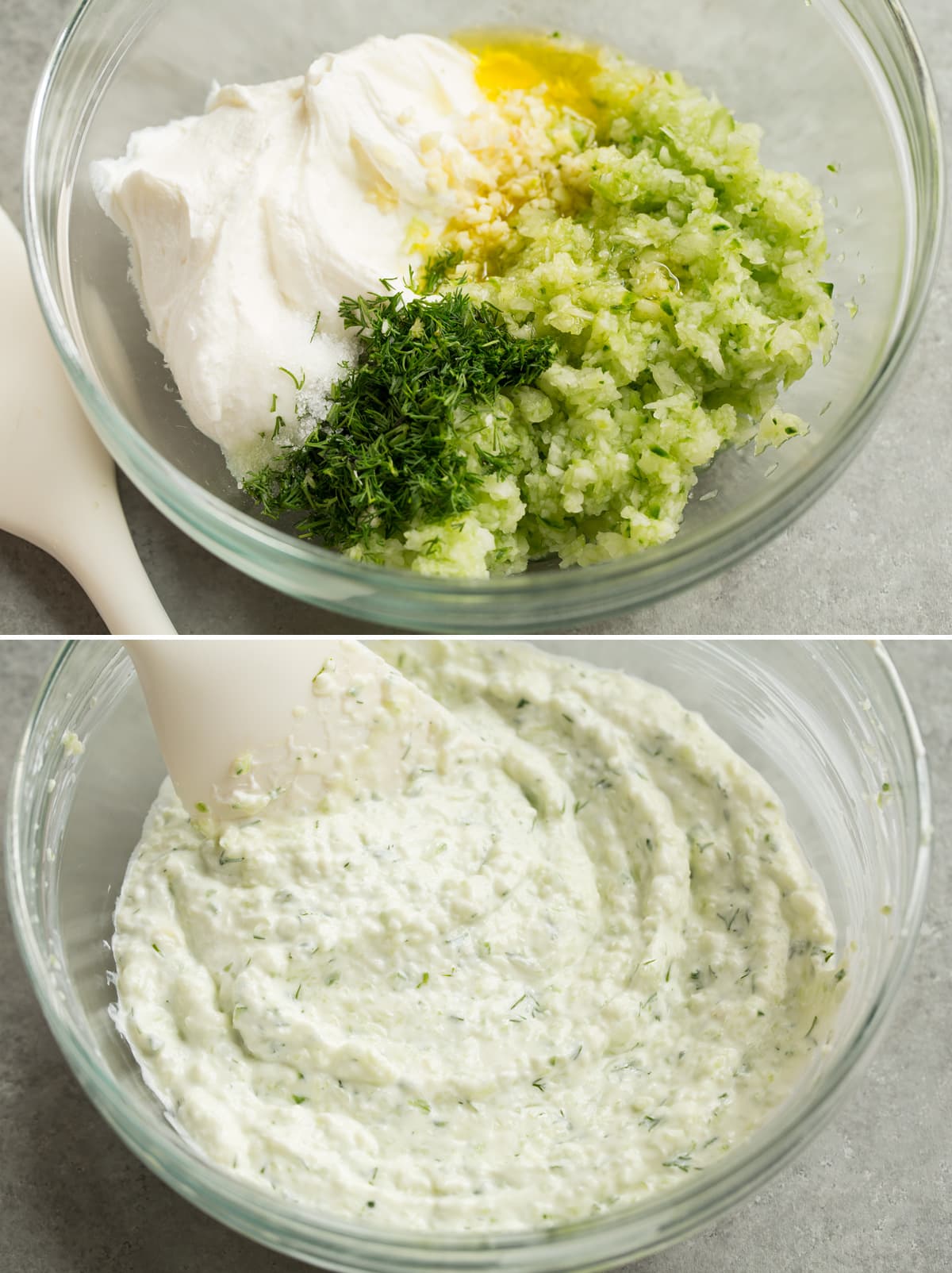 Homemade Tzatziki Sauce Tzatziki sauce ingredients shown in a mixing bowl before and after blending.