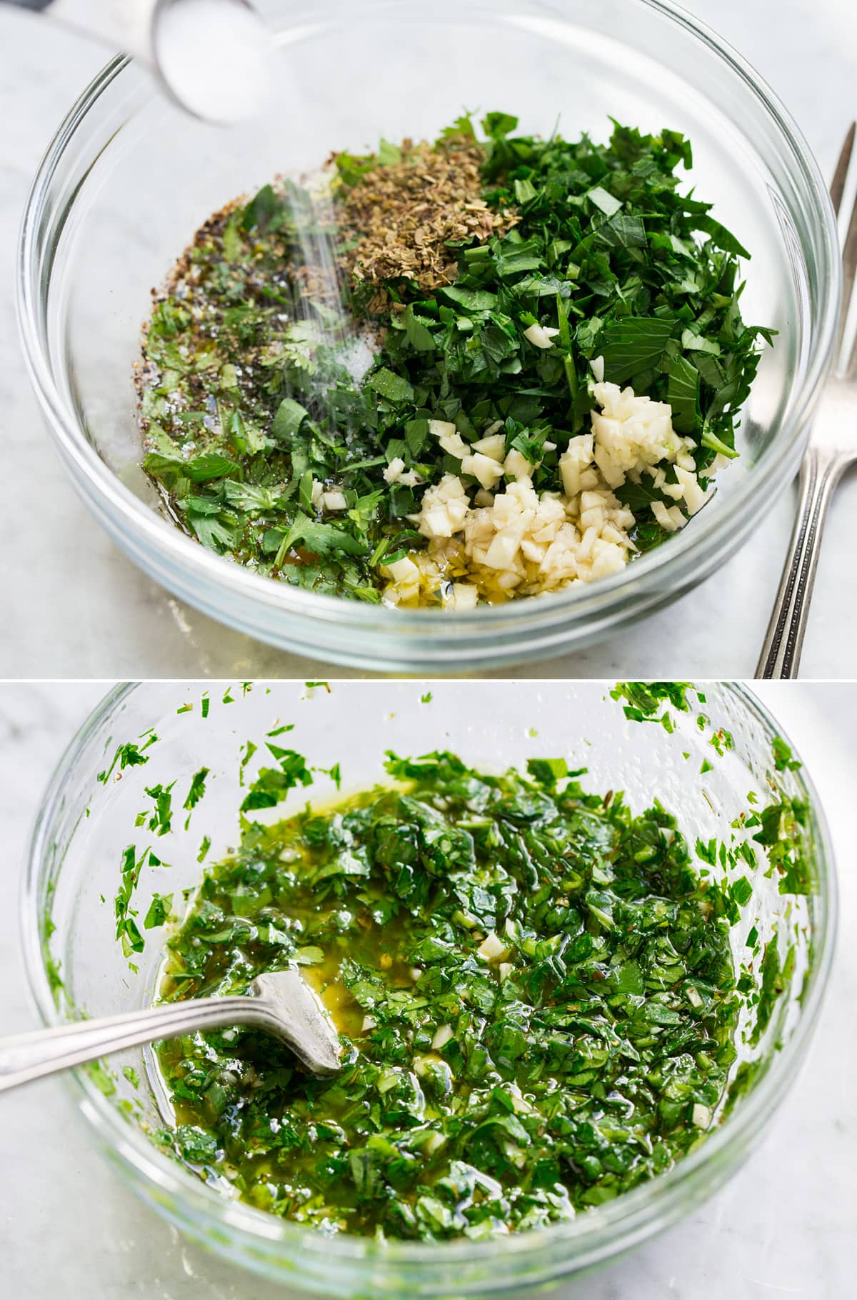 Avocado salad dressing being mixed in a glass bowl. Shown before and after mixing.