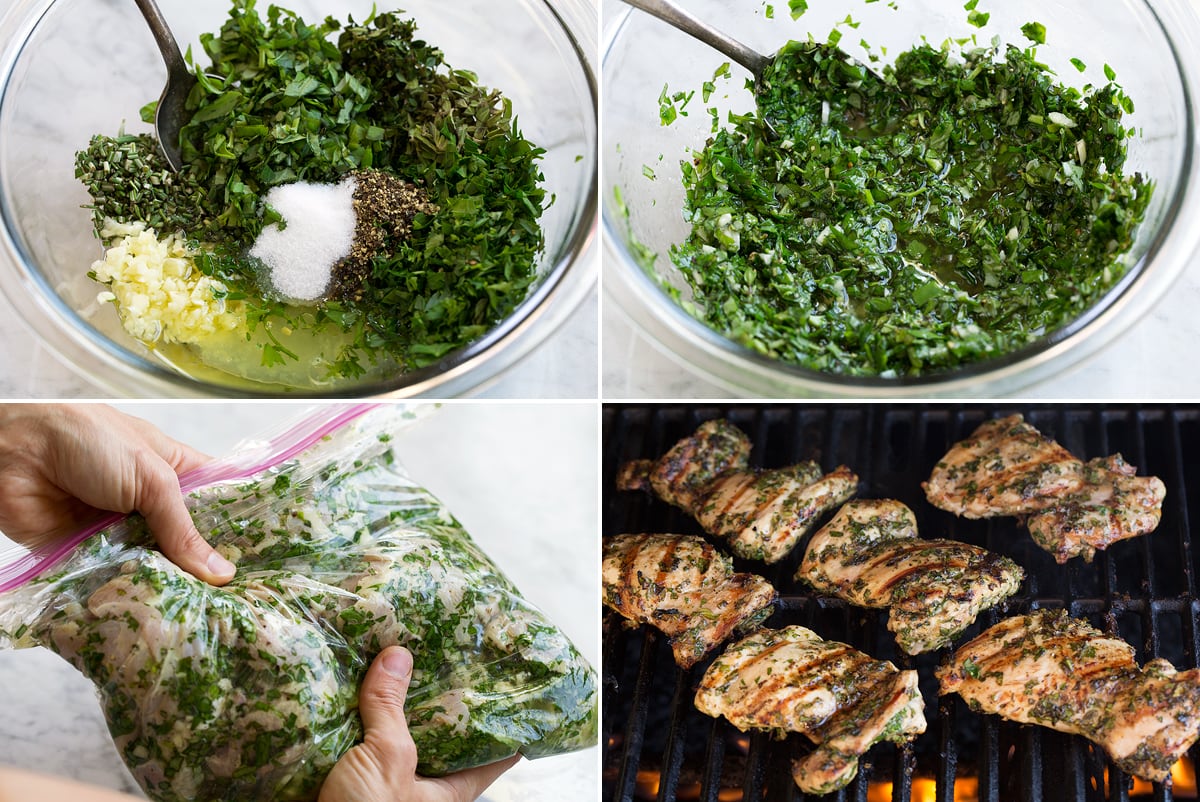 Garlic Herb Grilled Chicken Collage image including four images showing steps how to make chicken marinade and grill chicken on grill.