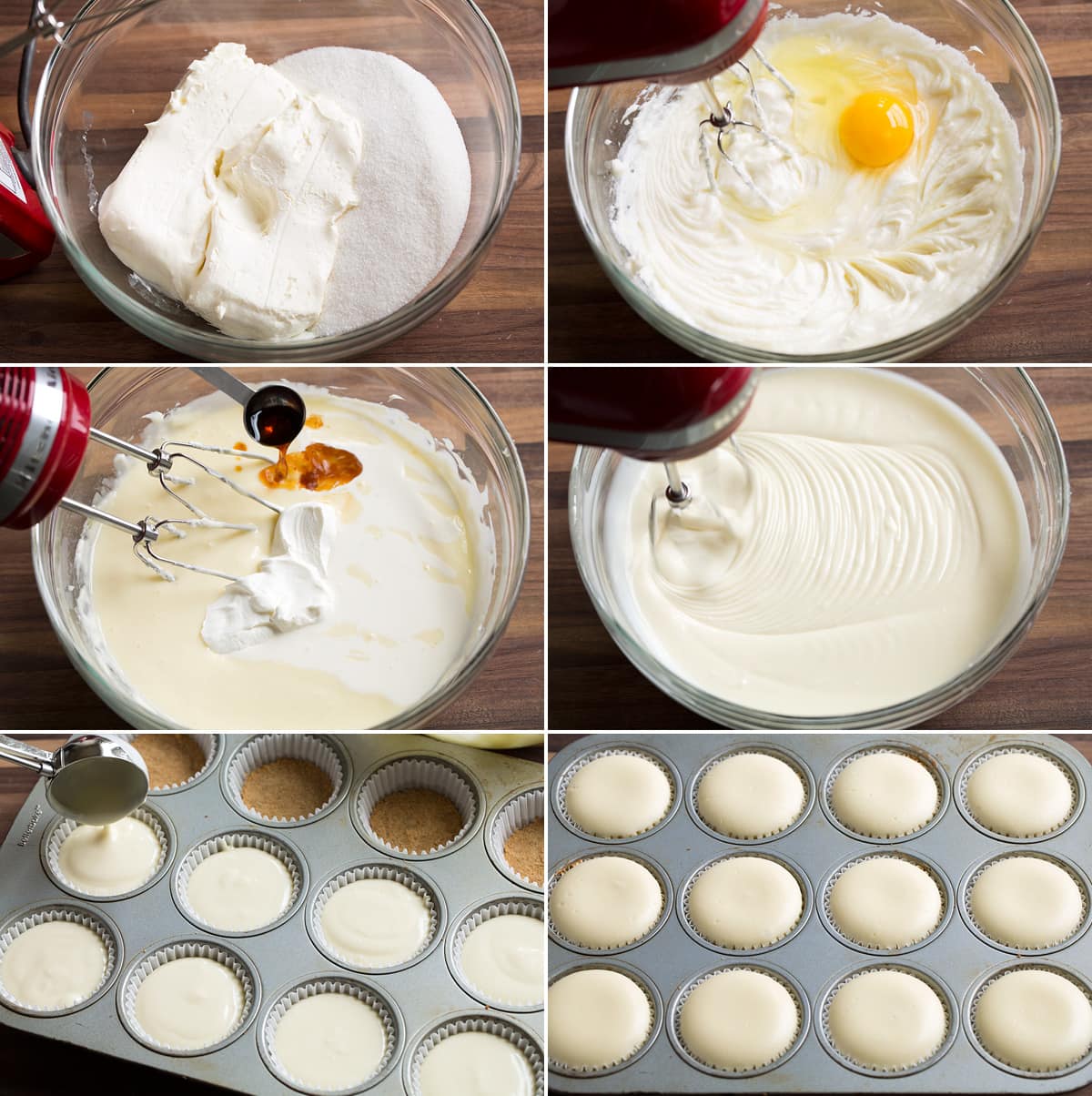 Collage image showing 6 steps to preparing cheesecake filling and pouring into cupcake pan.