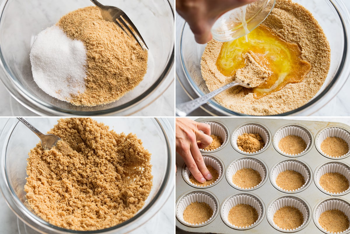Collage image of four steps showing how to make graham cracker crusts for mini cheesecakes.