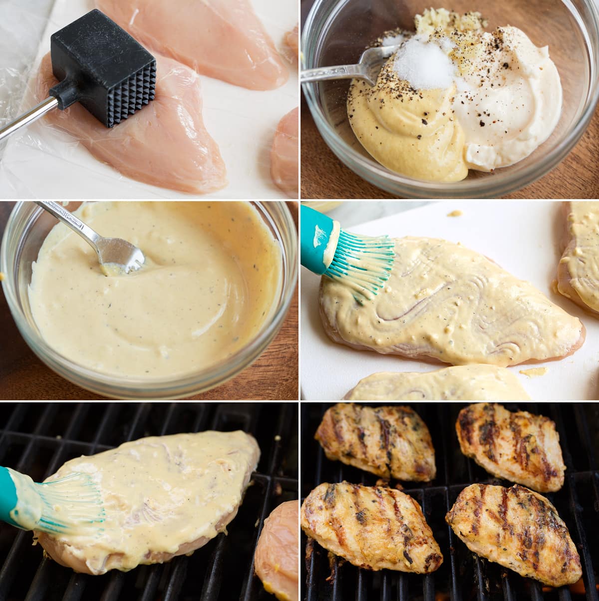 Grilled Dijon Chicken Collage of 6 images showning steps to preparing garlic and dijon chicken sauce and grilling the chicken.