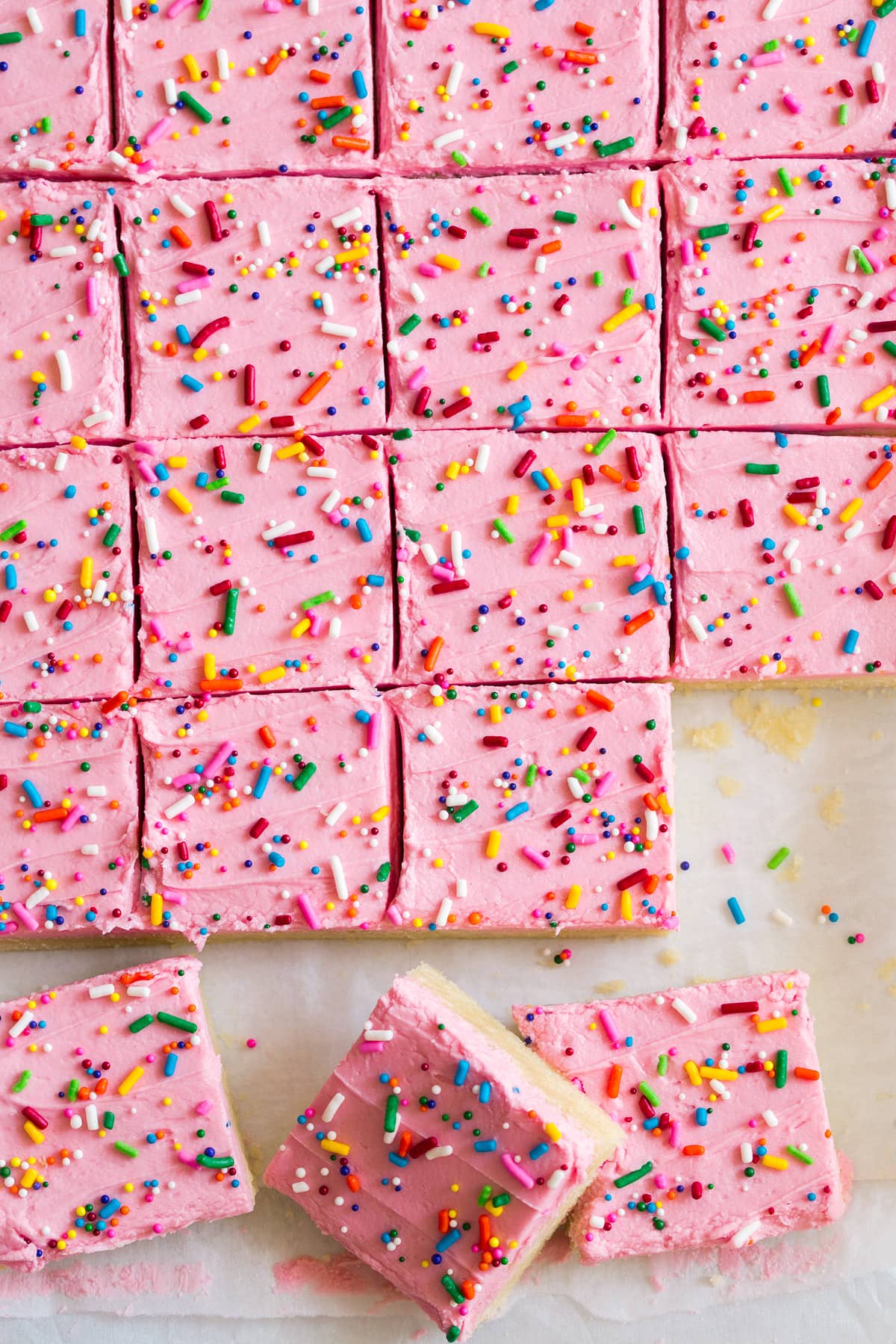 Sugar Cookie Bars Overhead image of sugar cookie bars with frosting.