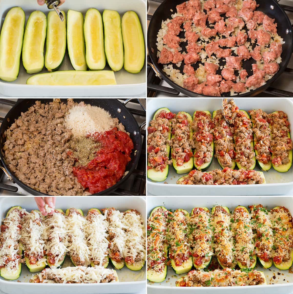 Collage of six images showing steps of making zucchini boats. Shows hollowed out zucchini boats in a baking dish. Browning onion and sausage. Adding panko, seasoning and tomatoes. Filling boats. Topping with cheeses. And shows finished after baking.