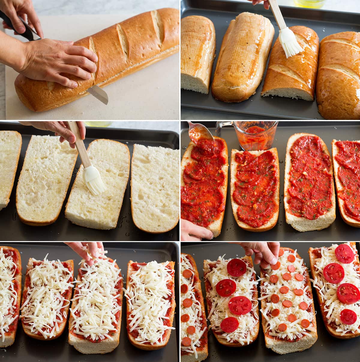 Collage of six images showing steps to make french bread pizzas. Shows slicing french bread in half, brushing top and bottom with olive oil. Covering with pizza sauce. Topping with cheese and toppings.