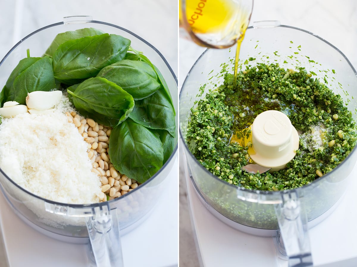 Basil Pesto Collage of two images showing steps of making pesto in a food processor.