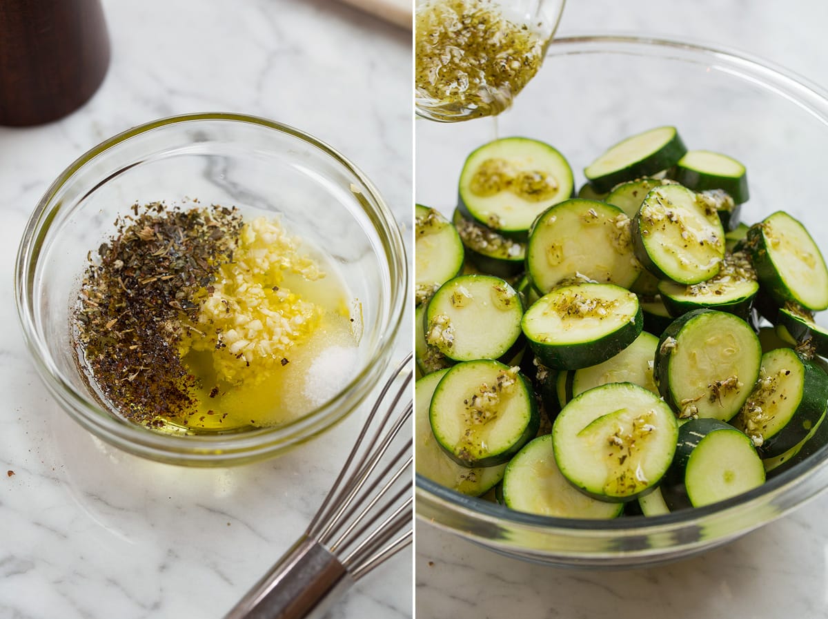 Collage of two images showing how to make baked zucchini. Shows mixing the olive oil and seasonings on the left image and tossing it with zucchini in a mixing bowl in the right image.