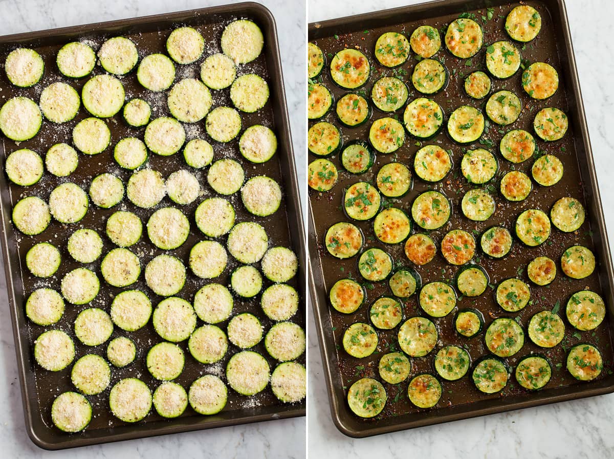 Collage of two images showing zucchini slices on a baking sheet before and after roasting.