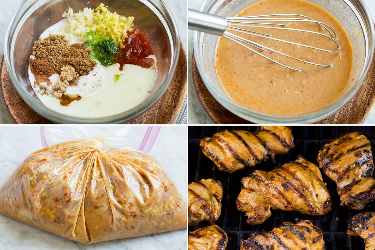 Collage of four images showing steps of preparing coconut lime marinade and grilling chicken.