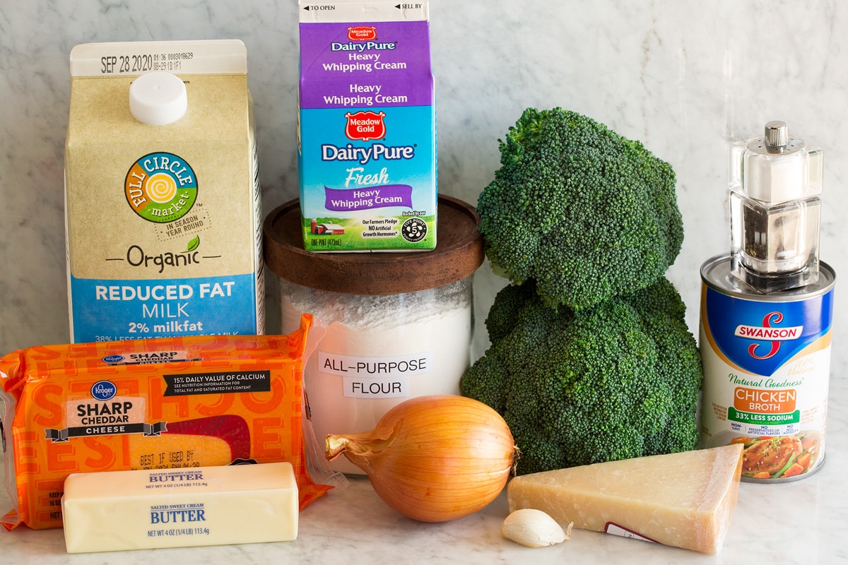 Image of ingredients used to make broccoli cheese soup. Shows broccoli, sharp cheddar cheese, parmesan cheese, butter, onion, garlic, flour, heavy cream, chicken broth, salt and pepper and milk.