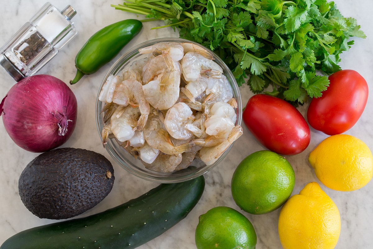 Photo of ingredients used to make ceviche. Includes raw shrimp, lemons, limes, tomatoes, cilantro, jalapeno, red onion, avocado, cucumber, salt and pepper.