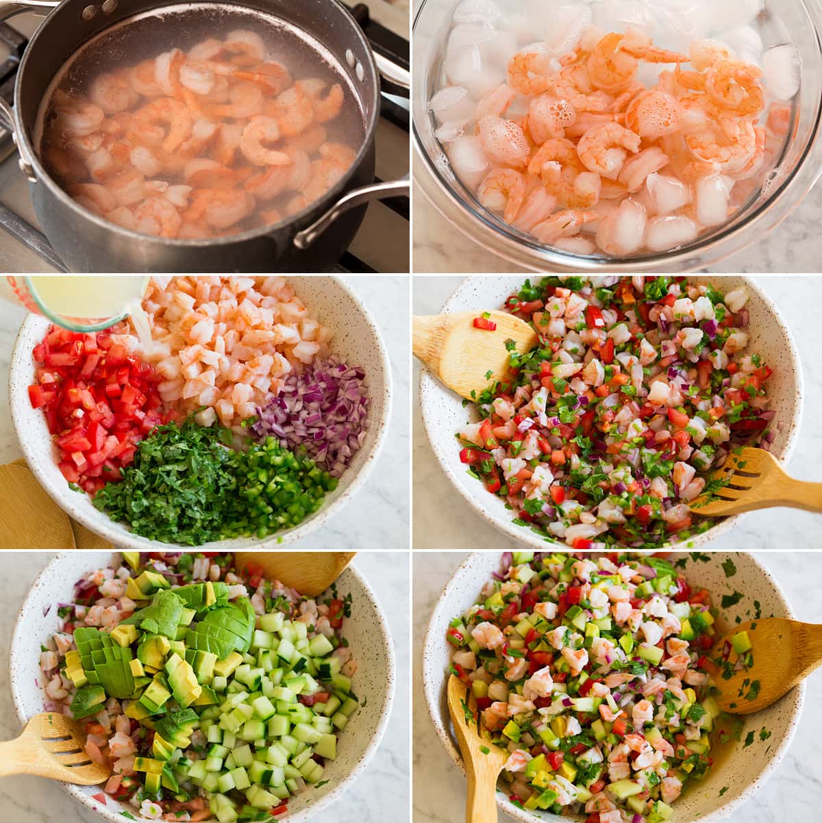 Collage of six images showing steps to cooking shrimp, chilling it in ice, and tossing together ceviche ingredients in a mixing bowl.