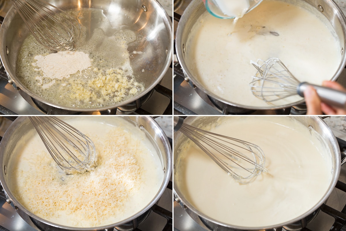 Collage of four images showing how to make cheesy alfredo style sauce.