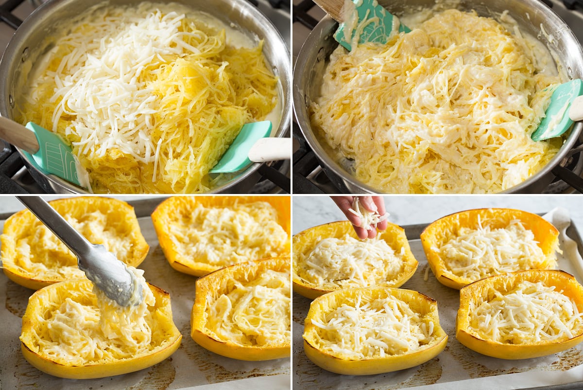 Collage of four images showing spaghetti squash tossed with cheese sauce and filling hollowed out spaghetti squash.