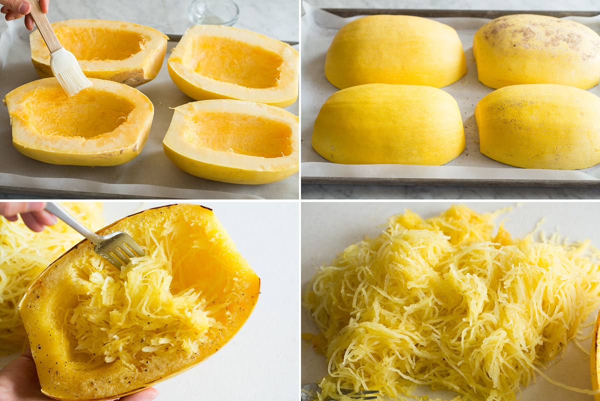 Collage of four images showing how to roast and shred spaghetti squash.