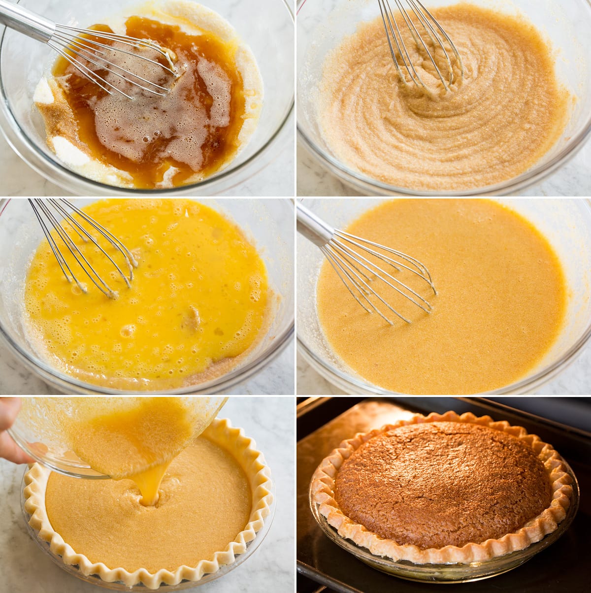 Collage of six images showing continued making of chess pie. Includes mixing in butter, then eggs. Also shows pouring batter into pie crust and shows pie baking in oven and what it should look like upon completion.