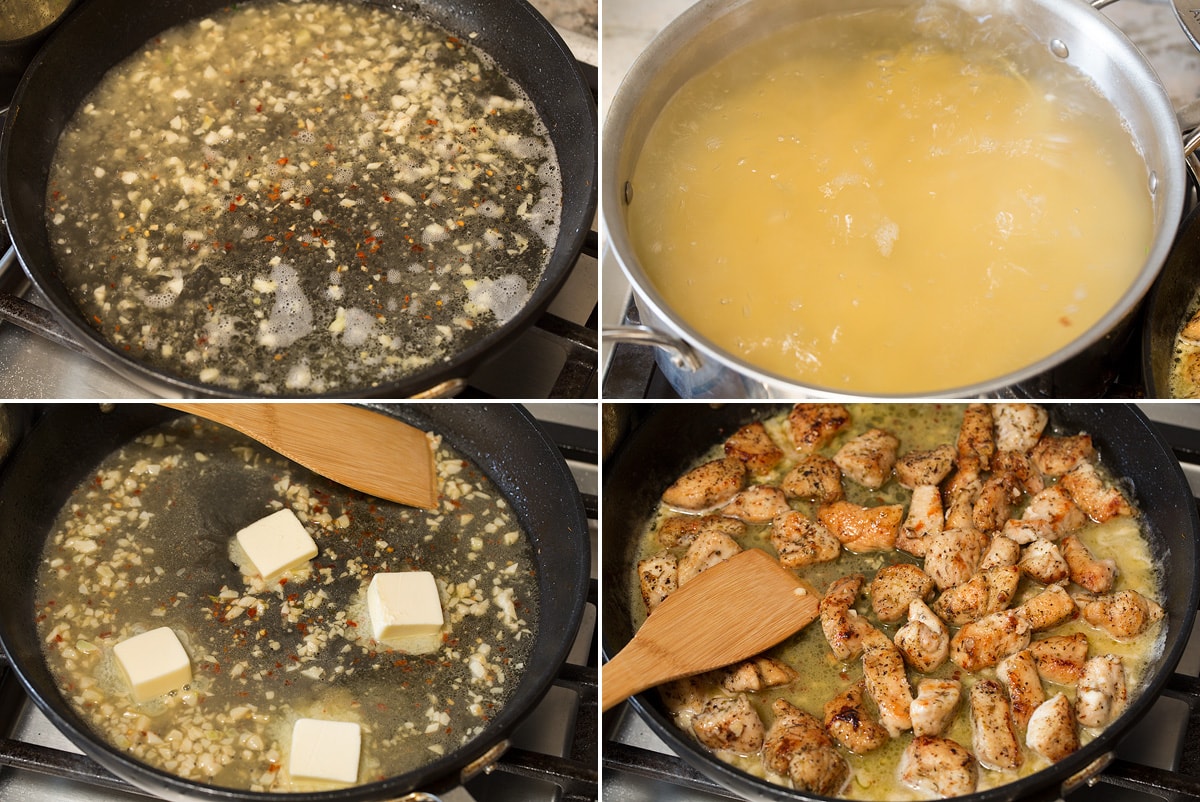 Collage of four images showing how to make scampi sauce and toss with chicken in a pan.