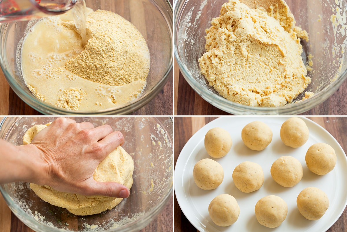 Collage of four images showing steps of making corn tortillas dough in a glass bowl and kneading.