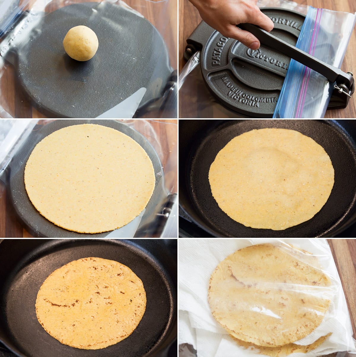 Collage of six images showing how to press corn tortilla dough in a tortilla press and cook in a skillet, then steam in a bag to soften.