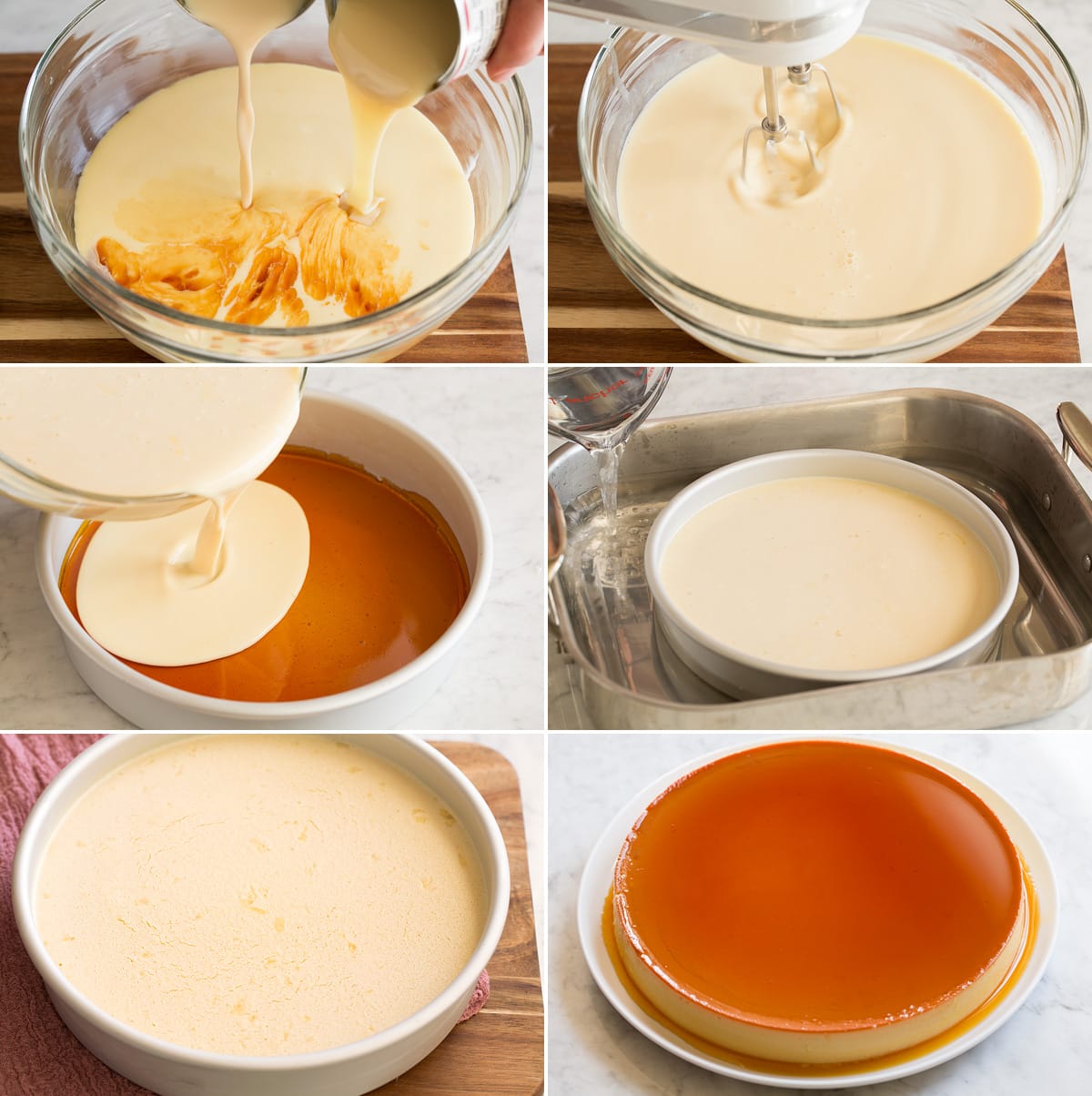 Collage of six images showing continued steps of making flan filling, pouring it into pan over caramel layer, and placing in water bath. Then flan is shown after baking and inverted.