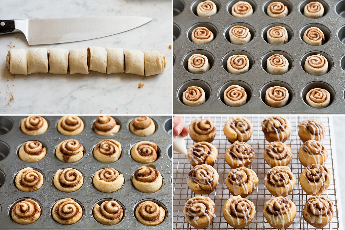 Mini Cinnamon Rolls Collage of four images showing mini cinnamon rolls beings sliced. Then in mini muffin tin before and after baking. And lastly shows finished mini cinnamon rolls being drizzled with icing.