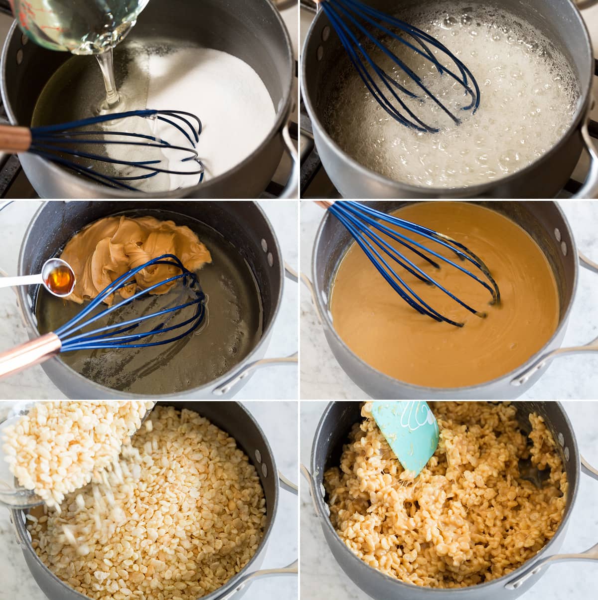 Scotcheroos Collage of six images showing steps of making scotcheroos sweet peanut butter coating and tossing with rice krispies.