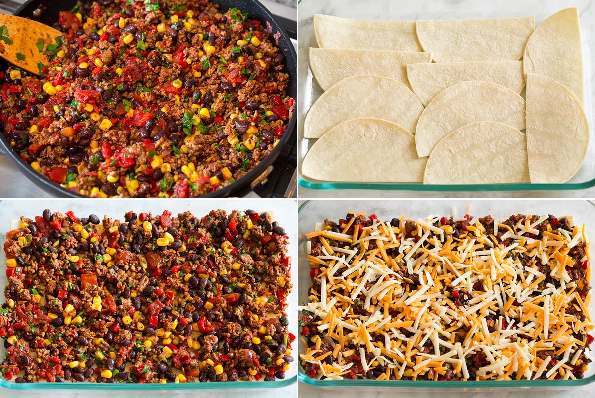 Collage of four images showing taco casserole filling and showing steps to layering casserole with tortillas, filling and cheese.