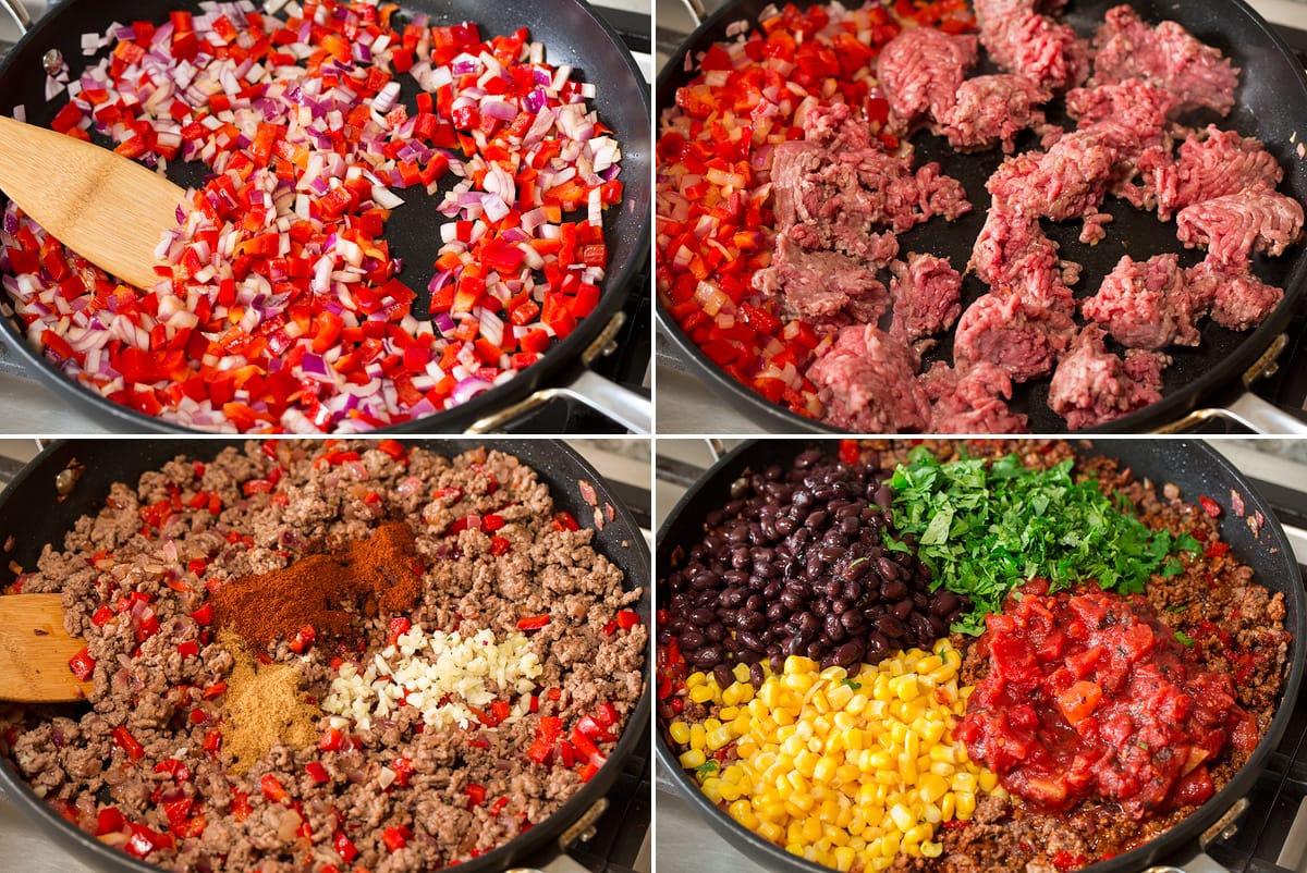 Collage of four images showing four steps of making ground beef taco casserole filling.