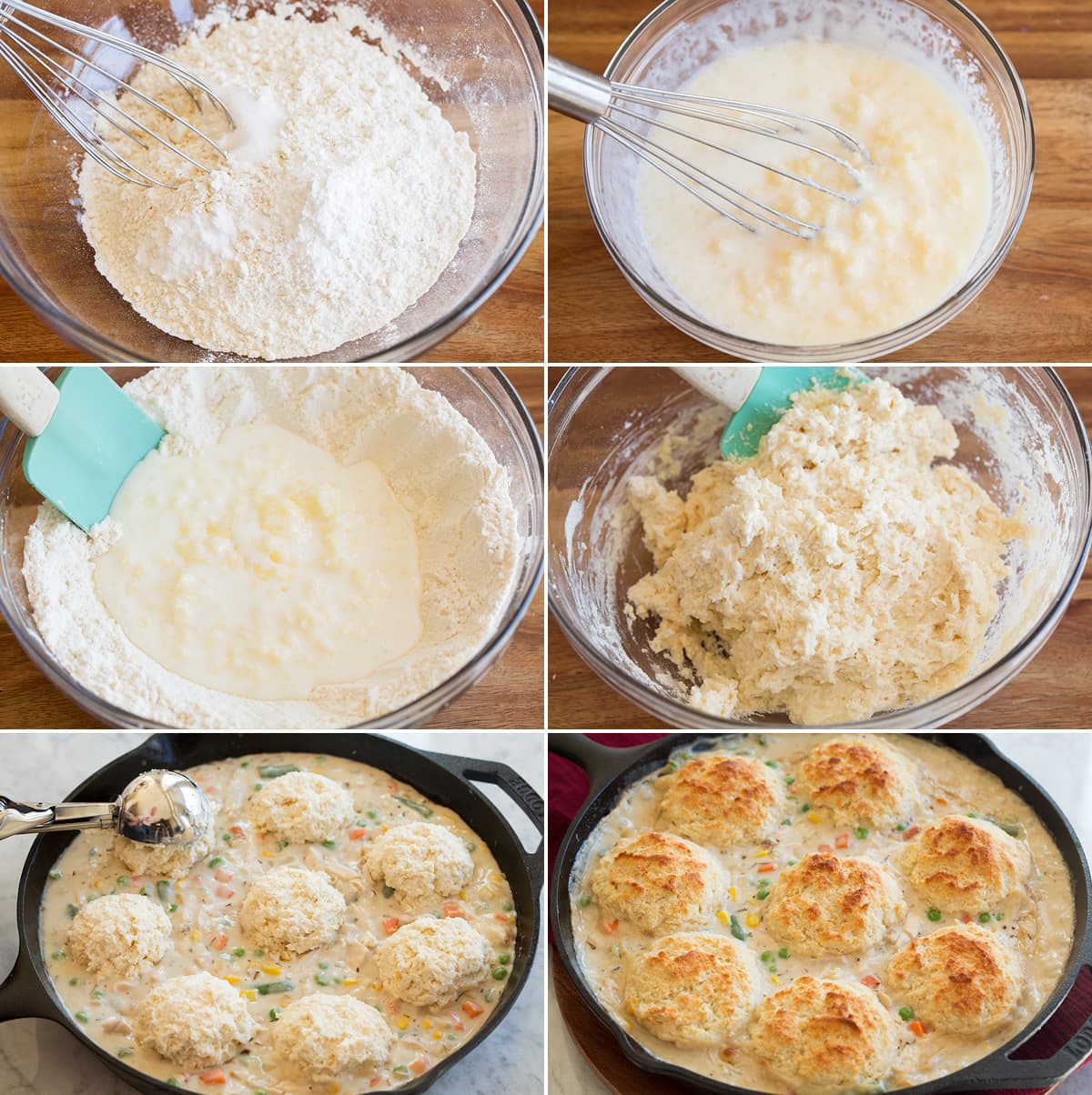 Collage of six images showing how to make biscuits for chicken pot pie.