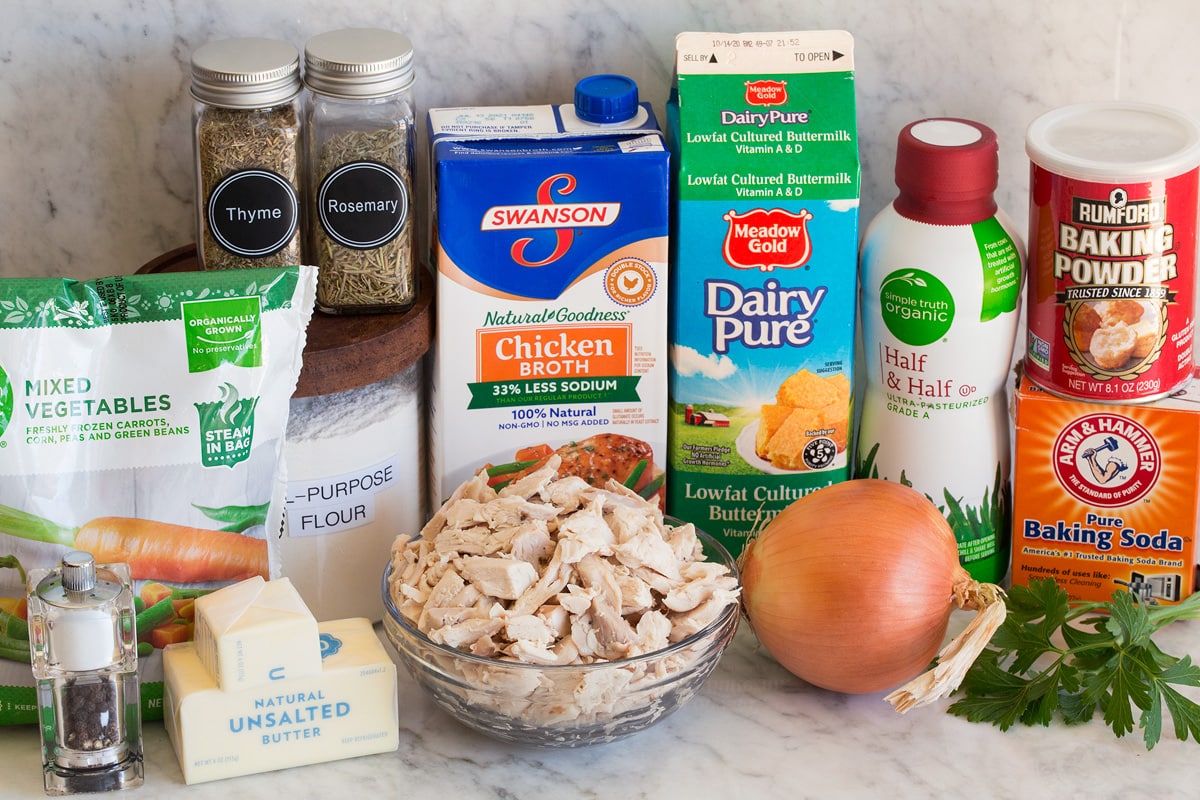 Photo of ingredients that are used to make chicken pot pie with biscuits.