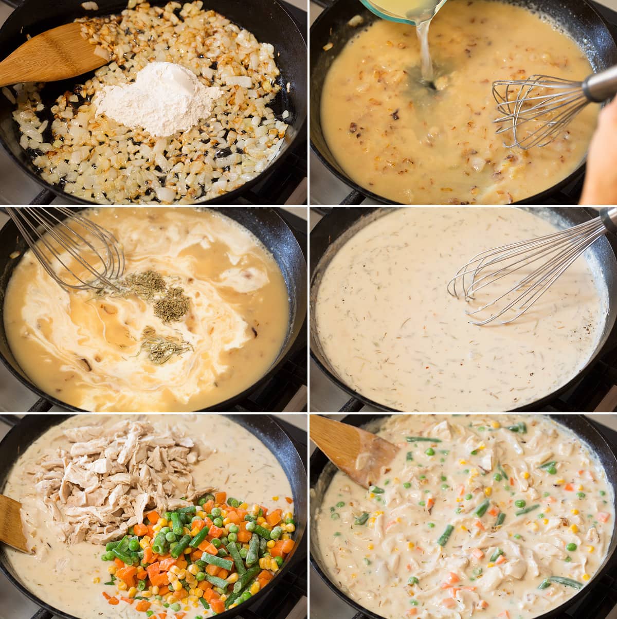 Collage of six images showing steps of making chicken pot pie filling in a cast iron skillet.