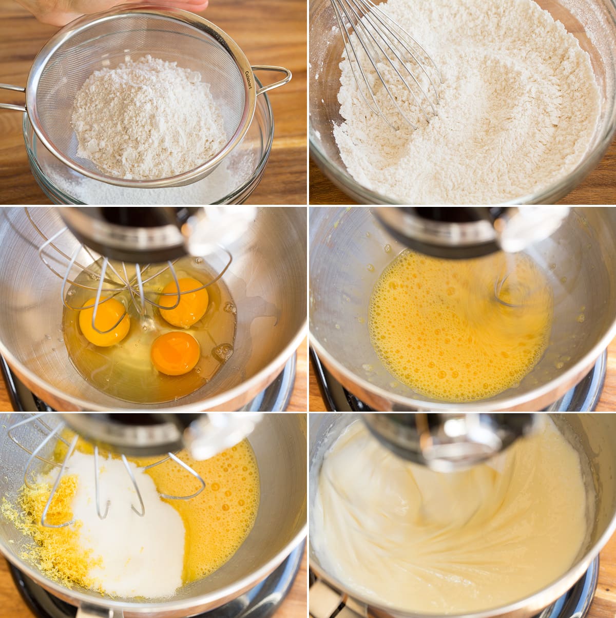 Collage of six photos showing steps of preparing olive oil cake batter in a mixer bowl.