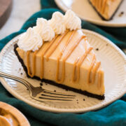 Slice of peanut butter pie on a dessert plate.