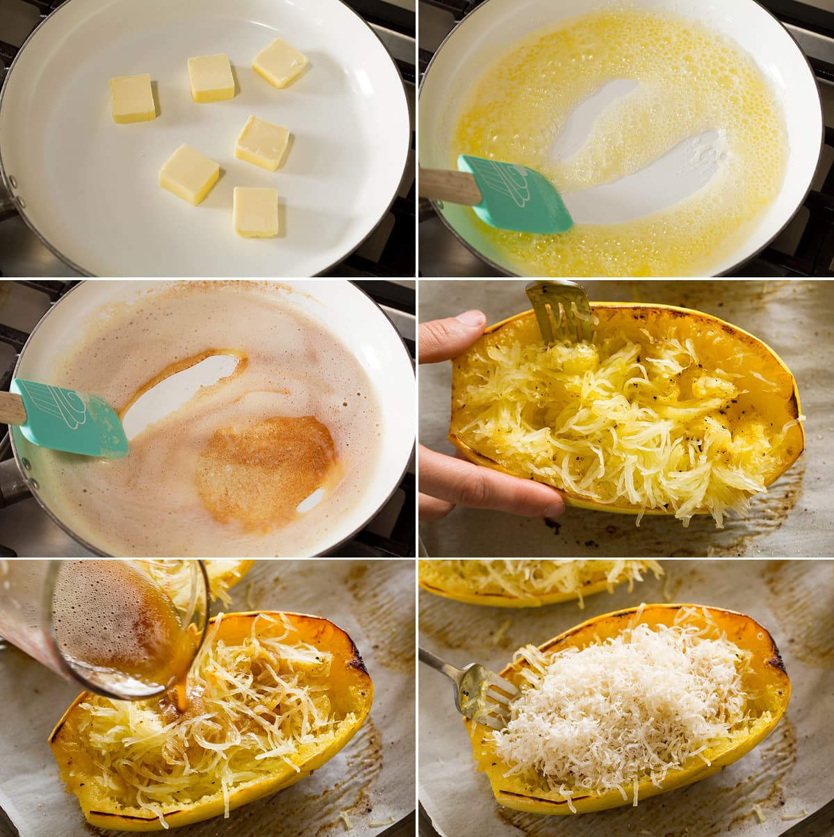 Roasted Spaghetti Squash with Browned Butter and Parmesan Collage of six images. Shows how to brown butter in skillet then shredding spaghetti squash, pouring over browned butter and topping with parmesan.