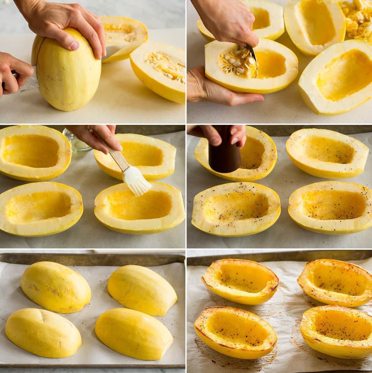 Roasted Spaghetti Squash with Browned Butter and Parmesan Collage of six images showing how to prepare spaghetti squash for roasting, then showing it before and after roasting on a baking sheet.