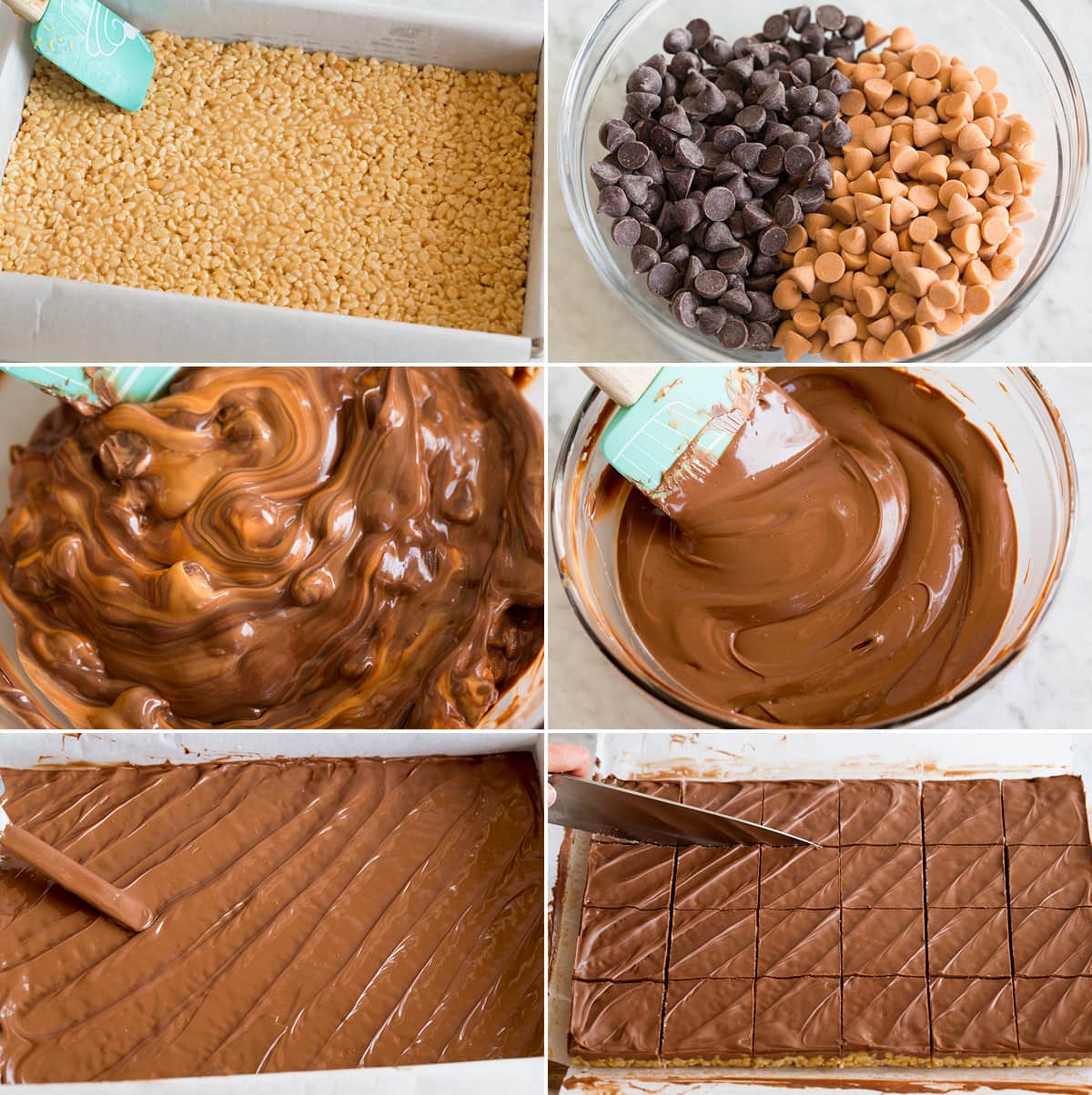 Scotcheroos Collage of six images showing steps to spreading scotcheroo mixture into pan, melting chocolate and spreading over mixture in pan.