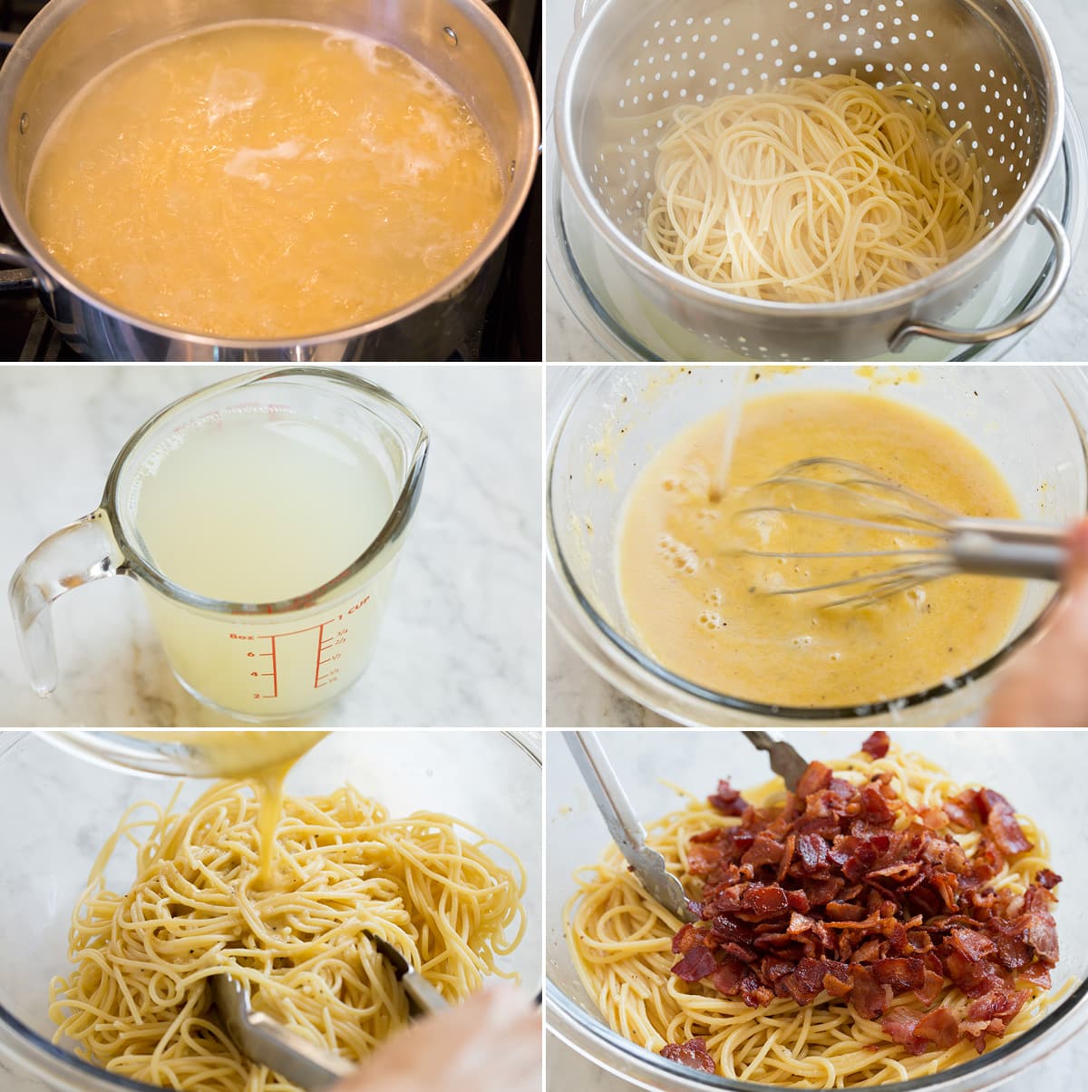 Collage of six images showing how to prepare pasta and toss with sauce for pasta carbonara.