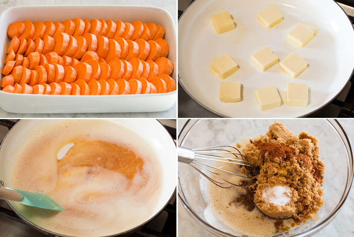 Candied Yams Collage image of first four steps to make candied yams.