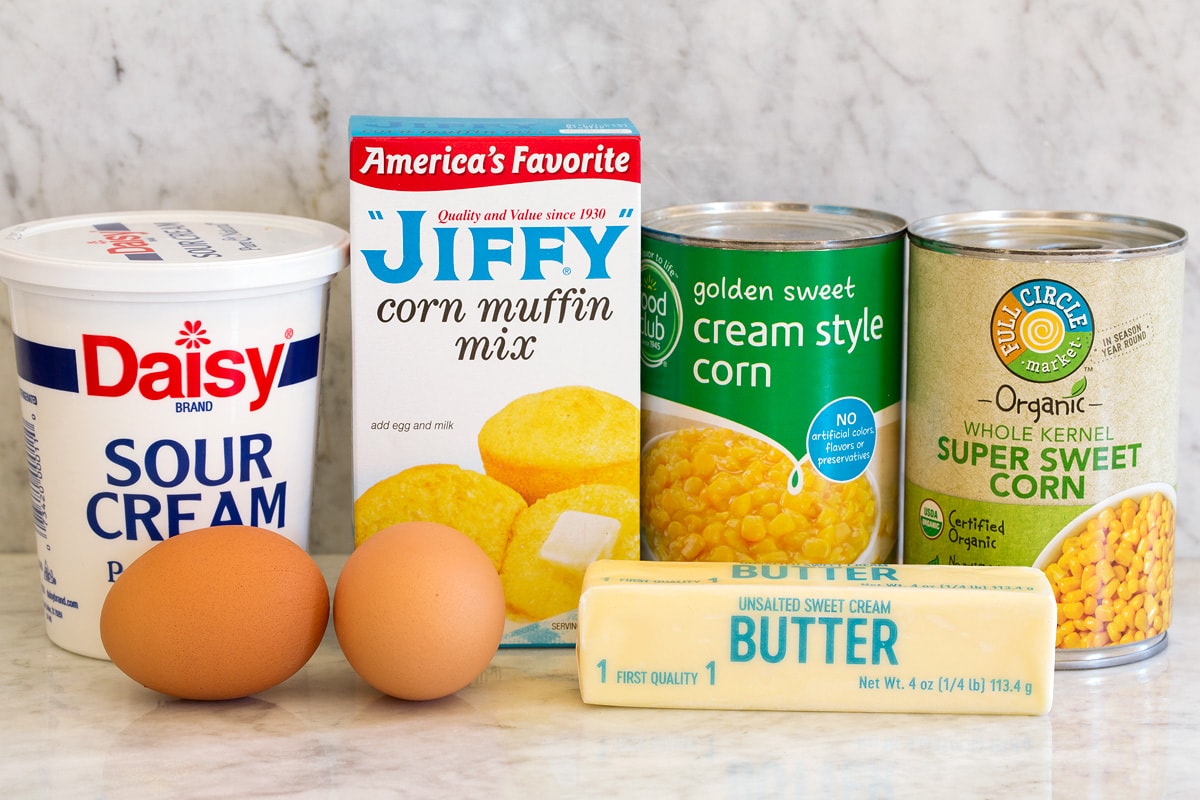 Image of ingredients used for easy corn casserole with jiffy mix.