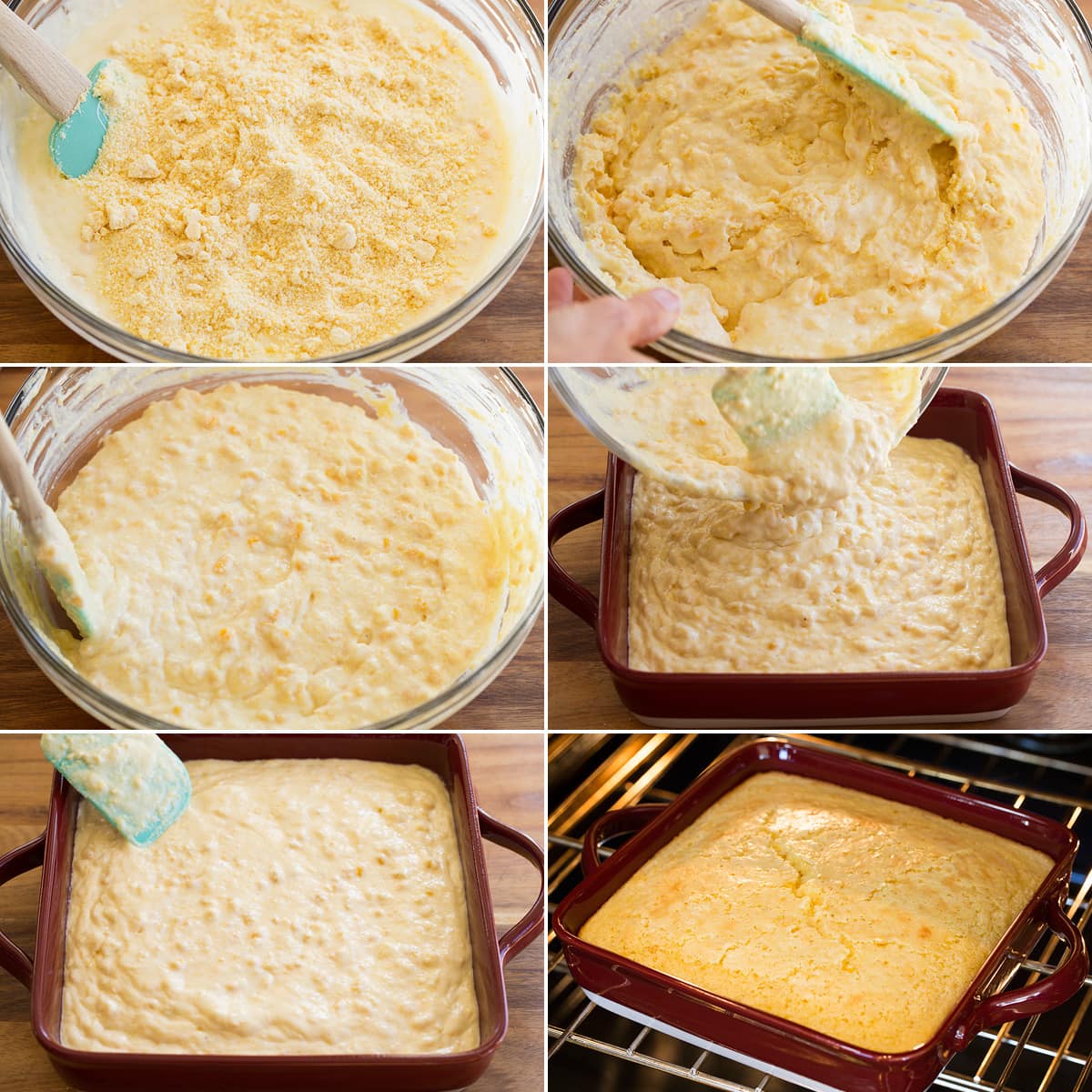 Collage of six images showing how to mix corn casserole batter and pour into a baking dish and bake in the oven.