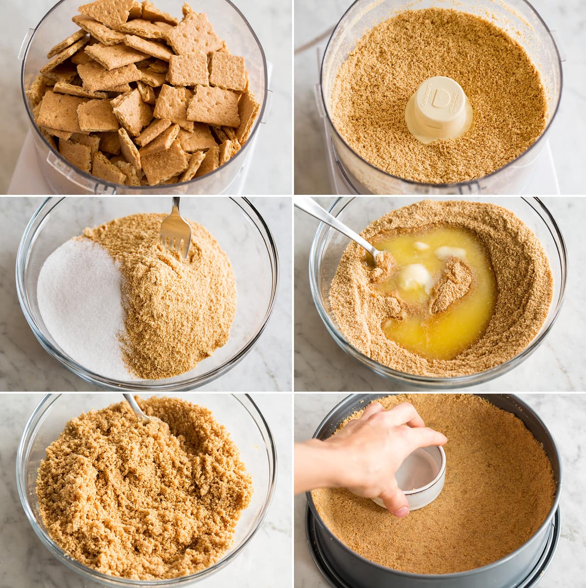 Collage of six images showing steps to preparing a graham cracker crust for cheesecake.
